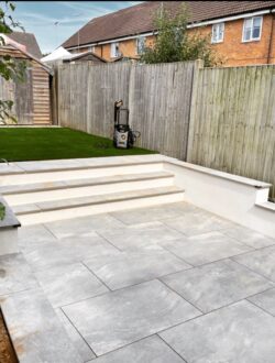 Porcelain paving installation in Rickmansworth – clean, modern finish with drainage prep